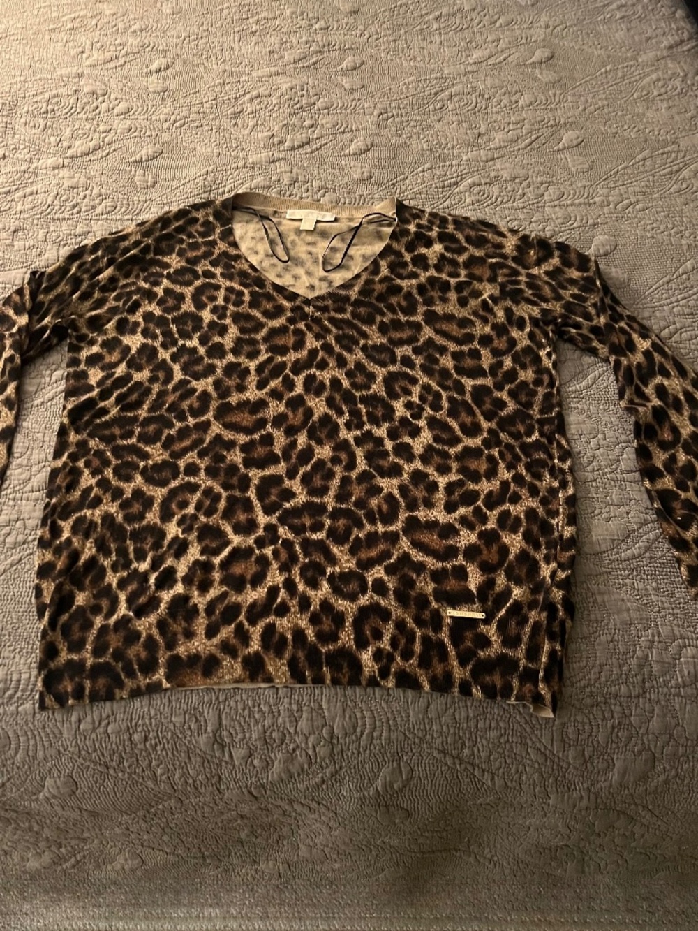 Michael Kors Leopard V Neck Long Sleeve Cotton Blend Lightweight Sweater XL